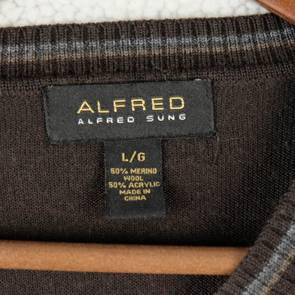 Alfred Sung Sweater Mens Large Brown Argyle Merino Wool Blend V Neck Preppy - Picture 7 of 7